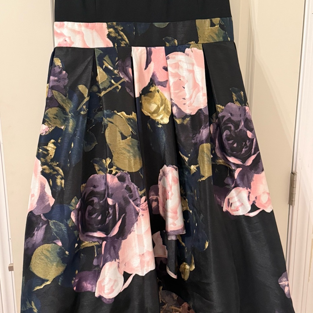 SLNY Black Bodice High-Low Dress with Pink & Green Floral Skirt - Picture 4 of 10